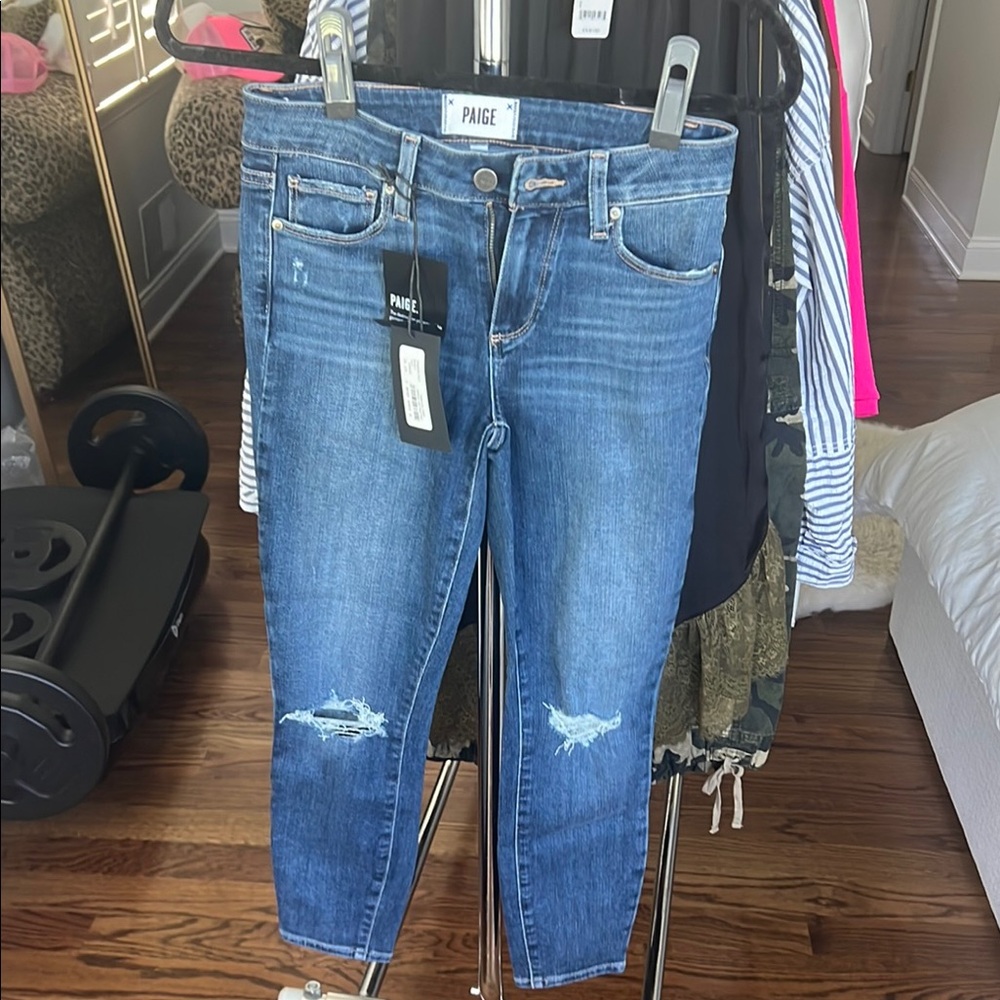 PAIGE Blue Ankle Cropped Jeans with Distressed Details
